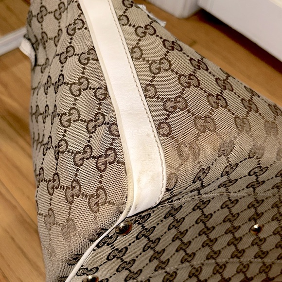 ✨ GUCCI ✨ Authentic GG Canvas White Leather Flower Handbag Satchel Tote - Picture 15 of 16